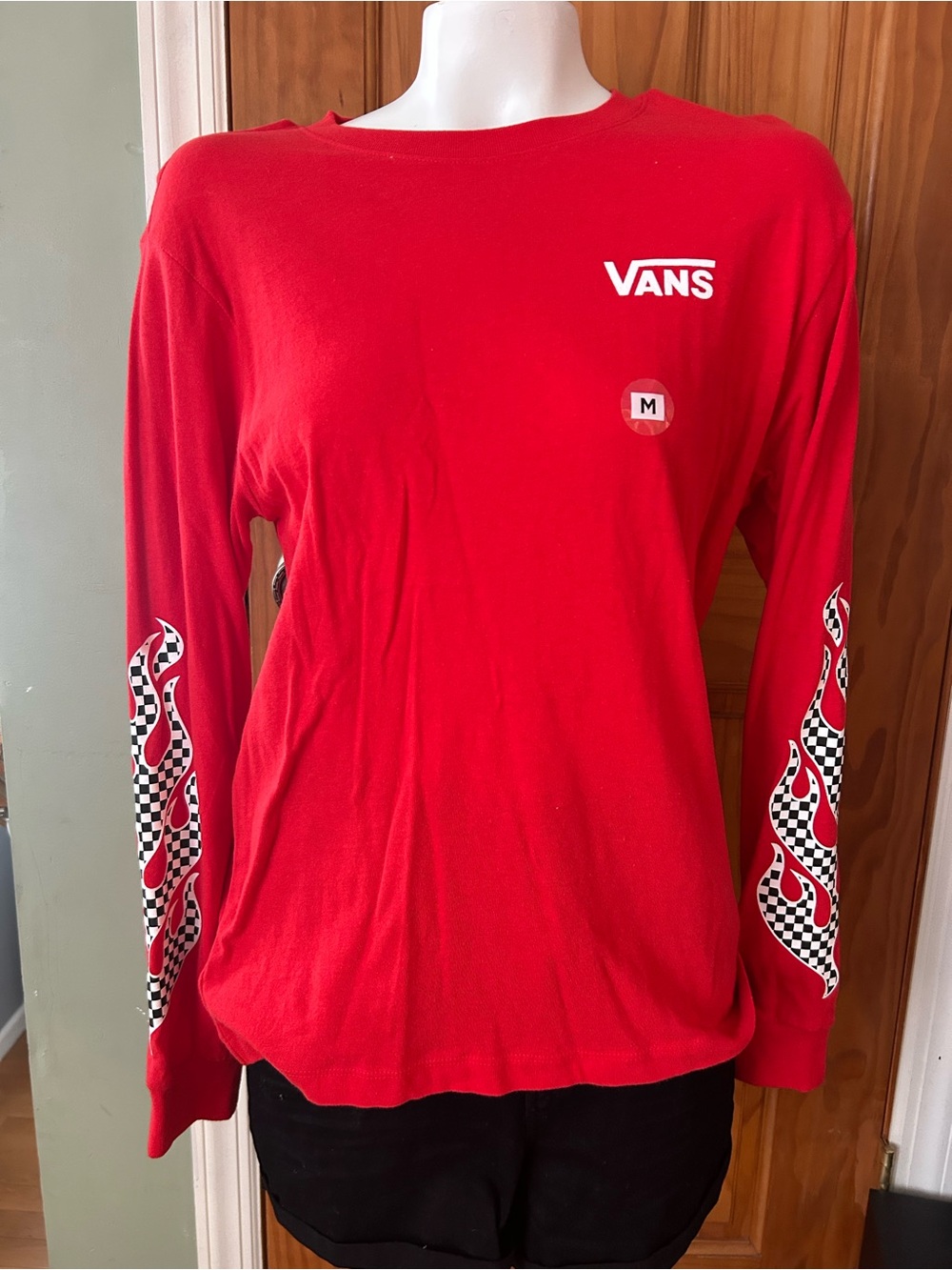 Vans Red Crewneck Long-Sleeve with Checkerboard Flame Sleeves